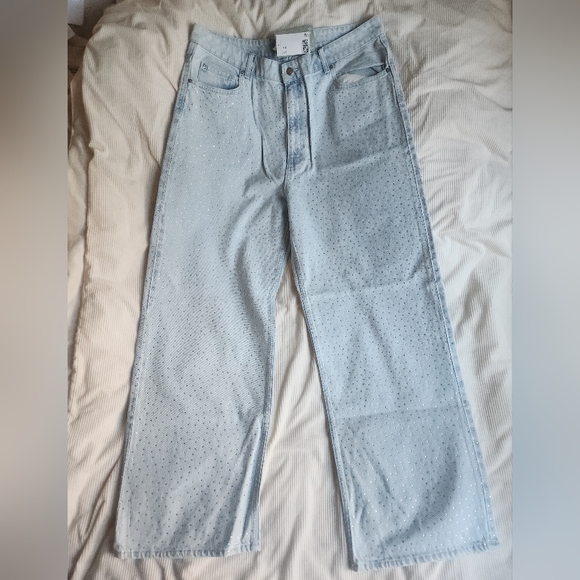 H&M RHINESTONE Embellished Denim Pants Light Denim Blue BNWT - Picture 2 of 16